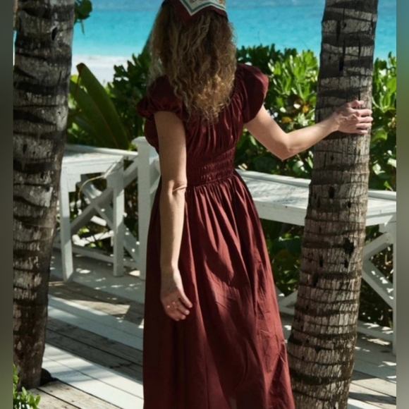 Doen Quinn cotton poplin puff sleeve midi dress in Amberwood Rust M - Picture 3 of 3